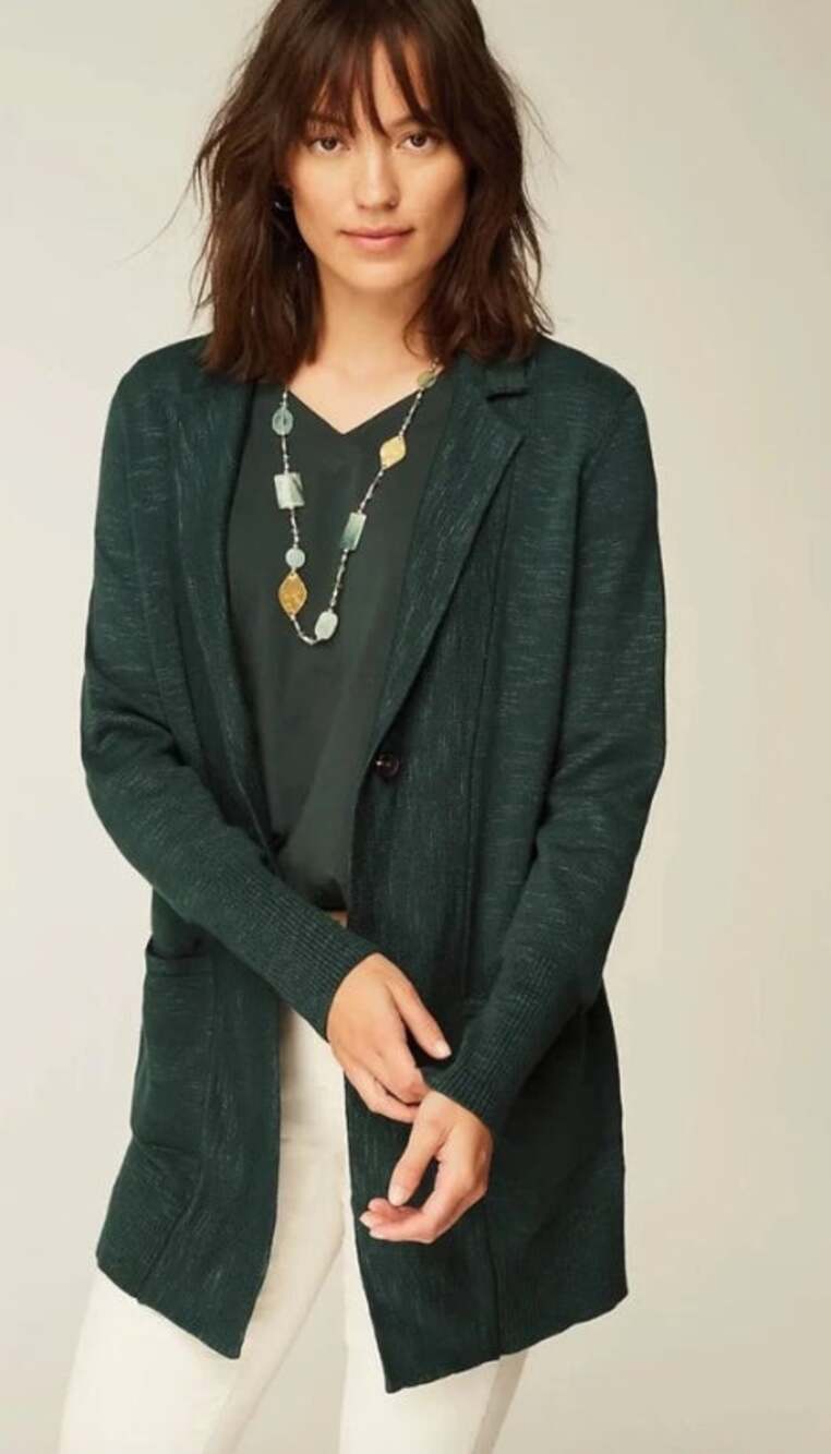 J Jill Notched Lapel One Button Cardigan Sweater Blazer Forest Green Small